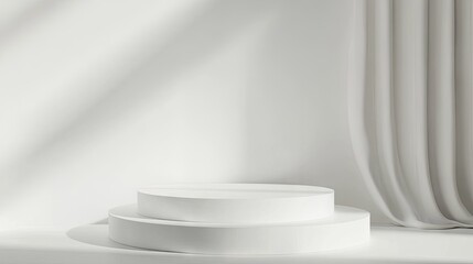 Obraz premium Elegant white podium in a white studio setting. Perfect for product showcases or creating a clean, sophisticated presentation. 3D illustration with a bright, minimalist backdrop.