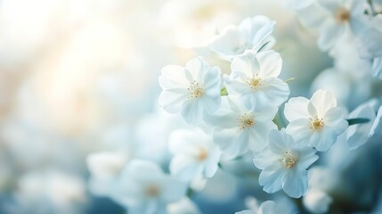 Obraz premium A high-definition, close-up image of pristine white flowers against a soft, defocused background, with sunlight filtering through, highlighting the flowers' delicate features 