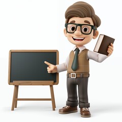 A happy cartoon teacher wearing glasses and a vest, holding a book and pointing to an empty chalkboard, ready to teach.