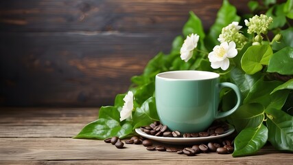 Coffee cup with lots of copy space, ideal for a cover or card design, surrounded by flowers and green foliage on a rustic wooden background.