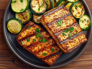 Grilled Vegan Tofu Steaks with Roasted Zucchini Slices, Served on a Plate for a Healthy and Protein-Rich Meal, Ideal for Vegan and Plant-Based Diets, Clean Eating with Fresh Vegetables and Tofu