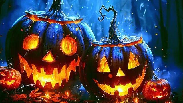 Jack-o-lantern scary spooky Halloween scene. Fire burning. Halloween pumpkin patch in the moonlight. Jack O Lantern party. Horizontal banner, Halloween night decorative with bat and moon background 31