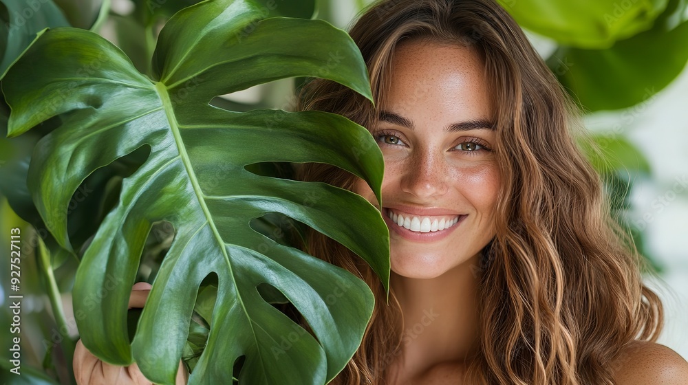 Canvas Prints A closeup portrait of an attractive woman with wavy brown hair, smiling and holding large monstera leaves in front of her face 