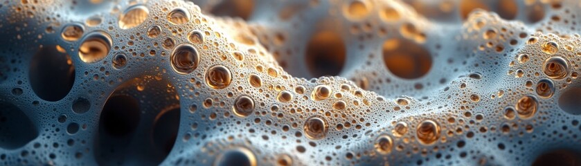 Close up macro shot of a metallic gray surface with tiny and large bubbles. The bubbles appear to be transparent and have a golden reflection.