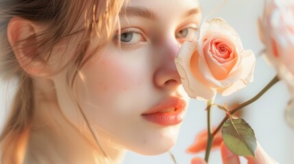 Pure Beauty - Young Woman with Flawless Skin Holding Delicate Rose, Innocence and Wonder Reflected in Eyes, Ideal for Skincare Promotion
