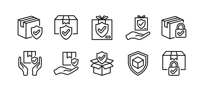 Package, parcel, gift and packet protection thin line icon set. Containing safe delivery, cardboard box with shield and checkmark, shipping or shipment care service, insurance. Vector illustration