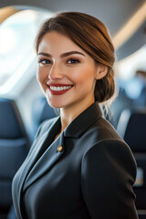 Portrait of flight attendant in a sleek uniform smiling while welcoming passengers aboard a modern airplane.