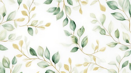green flowers leaves and twigs pattern, white background, light green, gold leaves, gold twigs
