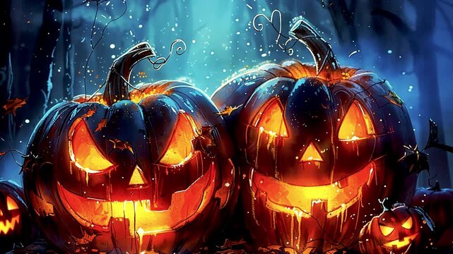Jack-o-lantern scary spooky Halloween scene. Fire burning. Halloween pumpkin patch in the moonlight. Jack O Lantern party. Horizontal banner, Halloween night decorative with bat and moon background 31