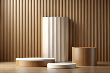Minimalist Wooden Podiums: A serene display of brown and white podiums against a slatted wooden backdrop, perfect for showcasing products or designs. 