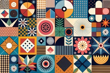 Obraz premium Geometric Abstract Mosaic: A vibrant, playful mosaic of geometric shapes and patterns, evoking a sense of harmony and order within vibrant colors.