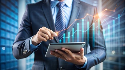 Strategic Financial Analysis: Focused businessman analyzes data on a digital tablet, with stock market charts overlaid, reflecting the fast-paced world of finance and investment.
