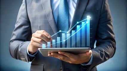 Strategic Financial Analysis: Focused businessman analyzes data on a digital tablet, with stock market charts overlaid, reflecting the fast-paced world of finance and investment.