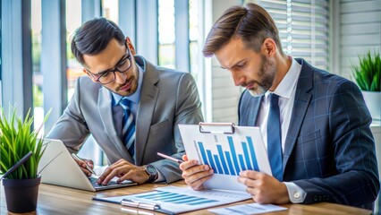 Strategic Financial Analysis: Focused businessman analyzes data on a digital tablet, with stock market charts overlaid, reflecting the fast-paced world of finance and investment.