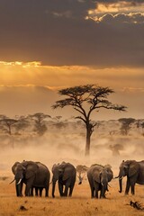 Obraz premium A herd of African elephants migrating across a vast, golden savanna at sunset, with dust rising from their massive footsteps. Generative AI