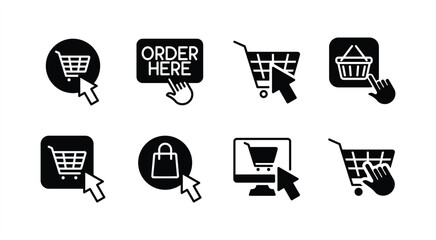 Order, purchase, buy and booking button flat icon set. Containing online shop, click order here, bag or shopping cart, basket. Vector illustration