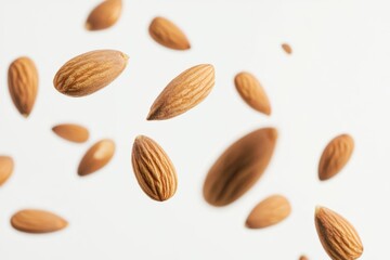 Flying in air almonds isolated on white background. Falling almond
