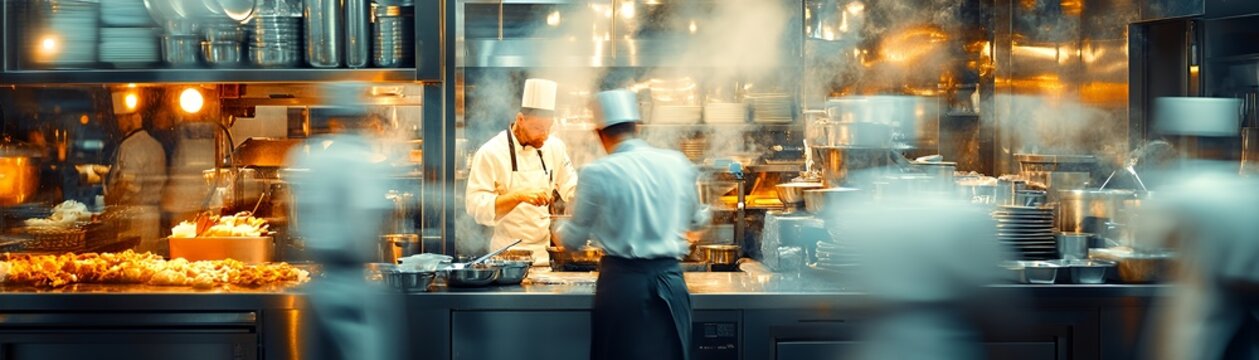 Two chefs working in a busy commercial kitchen preparing food with steam and smoke filling the air.