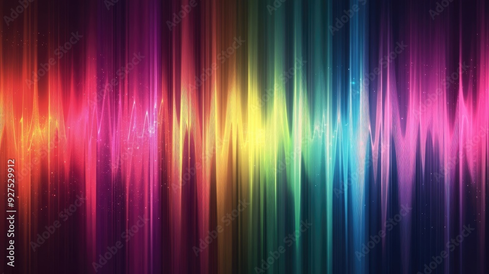 Poster Illustration of colorful sound wave lines in a rainbow gradient. Abstract background depicting the motion of speaking or audio with dynamic and vibrant design elements.