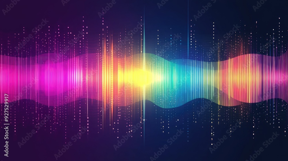 Poster Illustration of colorful sound wave lines in a rainbow gradient. Abstract background depicting the motion of speaking or audio with dynamic and vibrant design elements.
