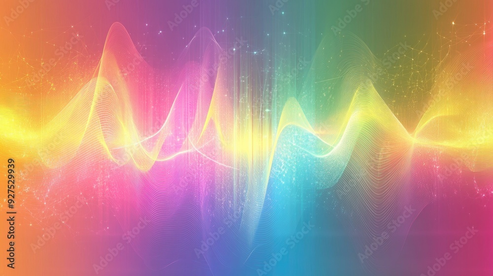Poster Illustration of colorful sound wave lines in a rainbow gradient. Abstract background depicting the motion of speaking or audio with dynamic and vibrant design elements.