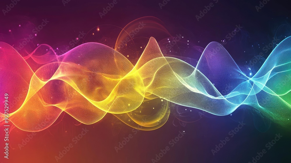 Poster Illustration of rainbow gradient sound waves representing speaking or audio in motion. Abstract background with colorful and dynamic lines showcasing vibrant audio dynamics.