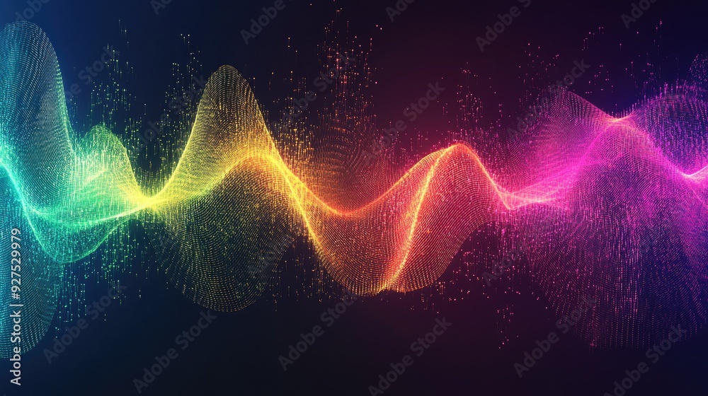 Poster Illustration of rainbow gradient sound waves representing speaking or audio in motion. Abstract background with colorful and dynamic lines showcasing vibrant audio dynamics.