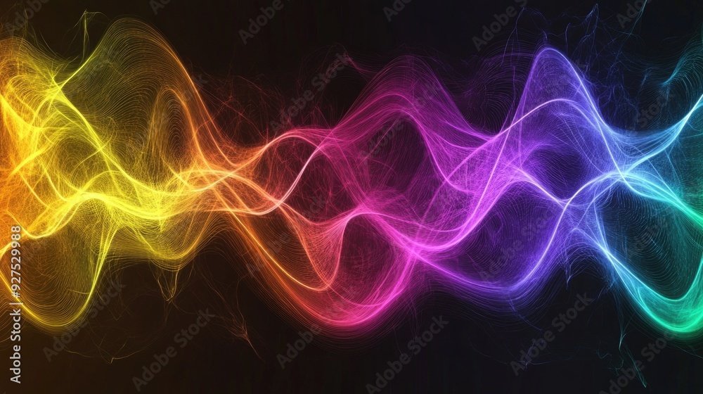 Poster Illustration of rainbow gradient sound waves representing speaking or audio in motion. Abstract background with colorful and dynamic lines showcasing vibrant audio dynamics.