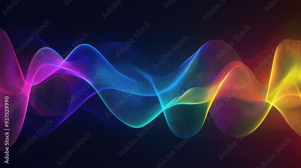 Poster Illustration of rainbow gradient sound waves representing speaking or audio in motion. Abstract background with colorful and dynamic lines showcasing vibrant audio dynamics.