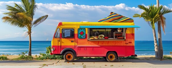 Obraz premium A colorful food truck serving tacos by the ocean under a bright, cloud-filled sky. Free copy space for text.
