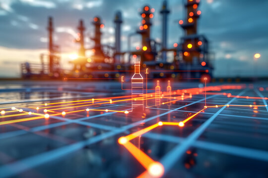 Futuristic Digital Network Overlay on Industrial Oil Refinery at Sunset with Glowing Lines and Data Points