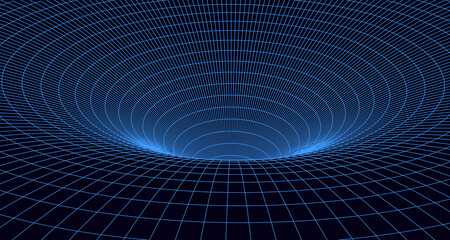 Abstract wireframe 3D tunnel. Perspective mesh background texture. Mesh model of a wormhole, vortex. 3D texture of a wormhole portal with a mesh structure.