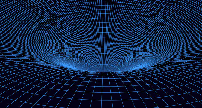 Abstract wireframe 3D tunnel. Perspective mesh background texture. Mesh model of a wormhole, vortex. 3D texture of a wormhole portal with a mesh structure.