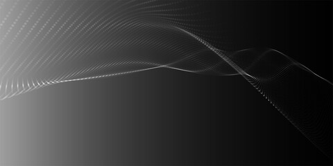 Futuristic dot wave. Abstract digital particle wave. Technology background. Black and white musical wave. Dark background. Digital background with smooth wavy curves. 3D rendering.