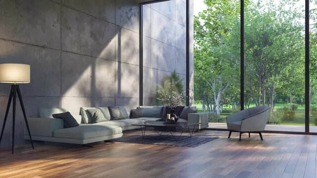 Animation of modern contemporary loft style living room with nature view 3d render the room has plank floor concrete wall decorated with gray fabric furniture large window with forest view