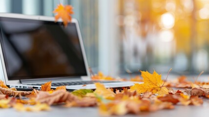 Open laptop amidst autumn leaves, blending work and nature in a serene outdoor setting during fall season.