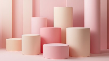 Modern 3D background with a set of pink and beige cylinder pedestals. Abstract pastel scene for displaying products with a clean geometric design.