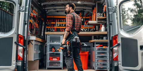 An electrician standing next to a fully equipped work van, showcasing the organization and readiness of their tools and equipment.