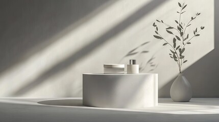 Modern gray backdrop with a luxury podium for cosmetic product display. Perfect for high-end branding and packaging presentations. Studio setting with elegant shadowing.