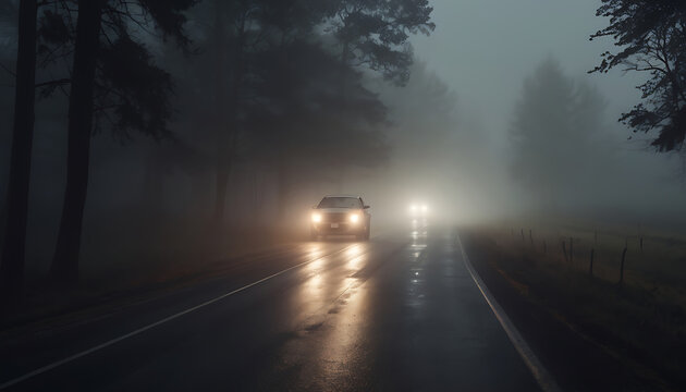 Car headlights cutting through fog on a dark road