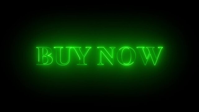 Neon sign buy now in speech bubble frame on black background.