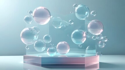 A glass figure containing bubbles stands on a table, with blue and light blue shades creating a holographic ambiance.