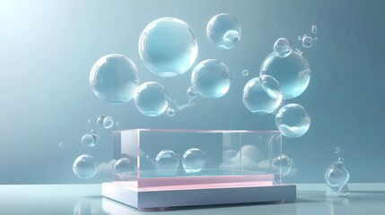 A glass figure containing bubbles stands on a table, with blue and light blue shades creating a holographic ambiance.