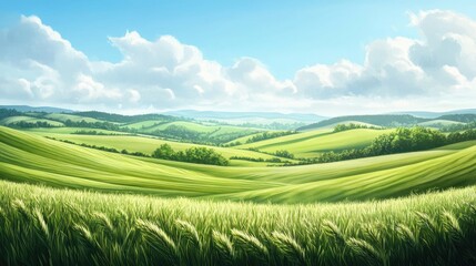 Obraz premium Panoramic view of a green field with rolling hills and stretches of grassland. The vector countryside scene is ideal for agricultural themes, pasturage, and serene nature backdrops.
