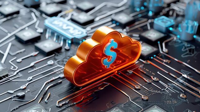 Orange cloud with dollar sign on computer circuit board, representing data storage and digital economy concepts.