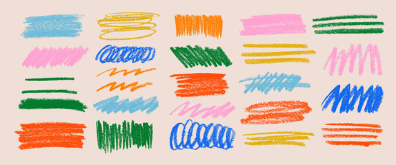 Multi colored charcoal pencil scribble vector set. Vector charcoal smears, horizontal wavy strokes and swirls. Doodle style sketchy lines. Grungy smears and rough crayon strokes.