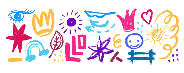 Set of hand drawn colorful charcoal doodle shapes and squiggles in punk style. Crown, star,  eye, emoji, arrow, heart and grid doodle collage elements.