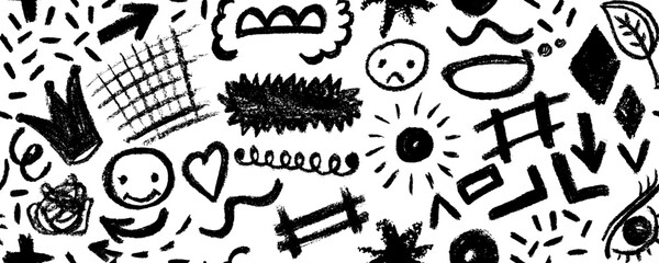 Naklejka premium Vector seamless pattern with charcoal graffiti doodle punk and girly shapes . Hand drawn abstract scribbles and squiggles, creative various shapes, pencil drawn icons.