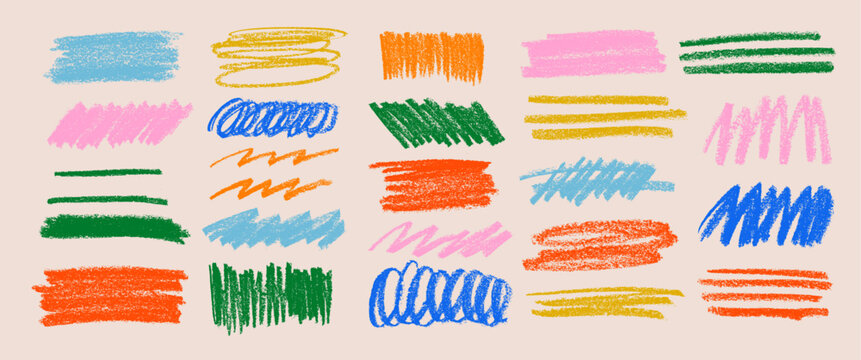 Multi colored charcoal pencil scribble vector set. Vector charcoal smears, horizontal wavy strokes and swirls. Doodle style sketchy lines.  Grungy smears and rough crayon strokes.