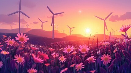 Sunset over a field of pink flowers with wind turbines in the background